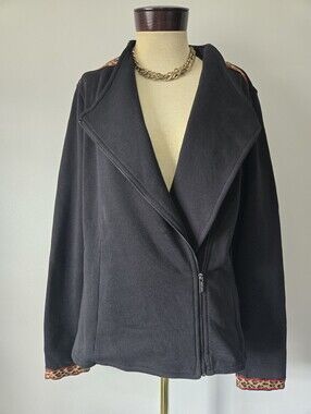 Saint + Sofia  Zip-Front Cotton Biker Jacket With Leopard Trim. Size 12